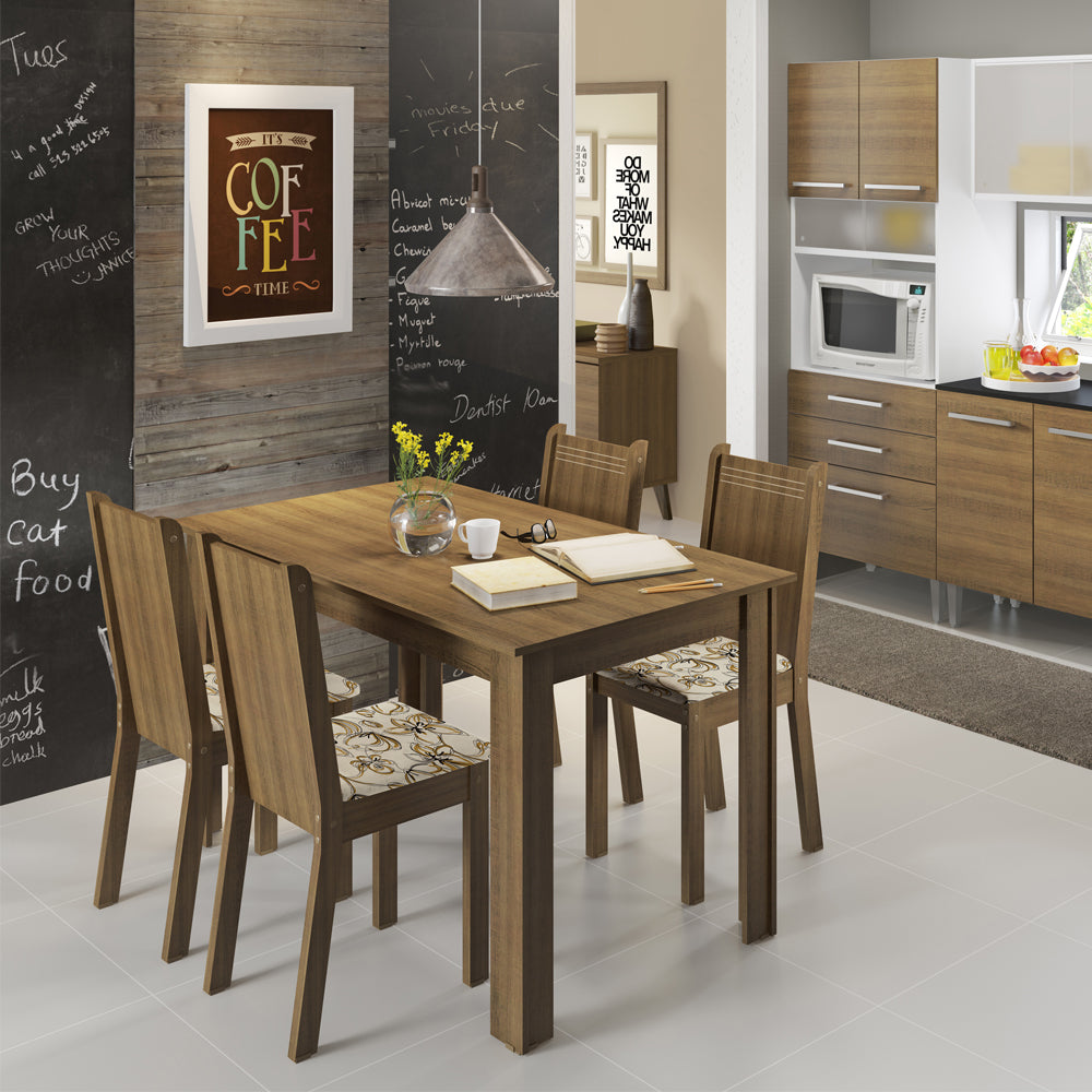 Juego de Comedor Rosie Madesa Mesa Tapa de Madera con 4 Sillas Marrón/Floral Lírio Beige