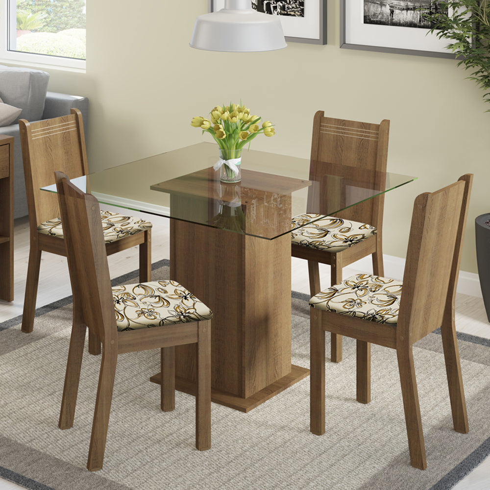 Juego de Comedor con Tapa de Vidrio 4 Sillas Marrón/Floral Beige Magda