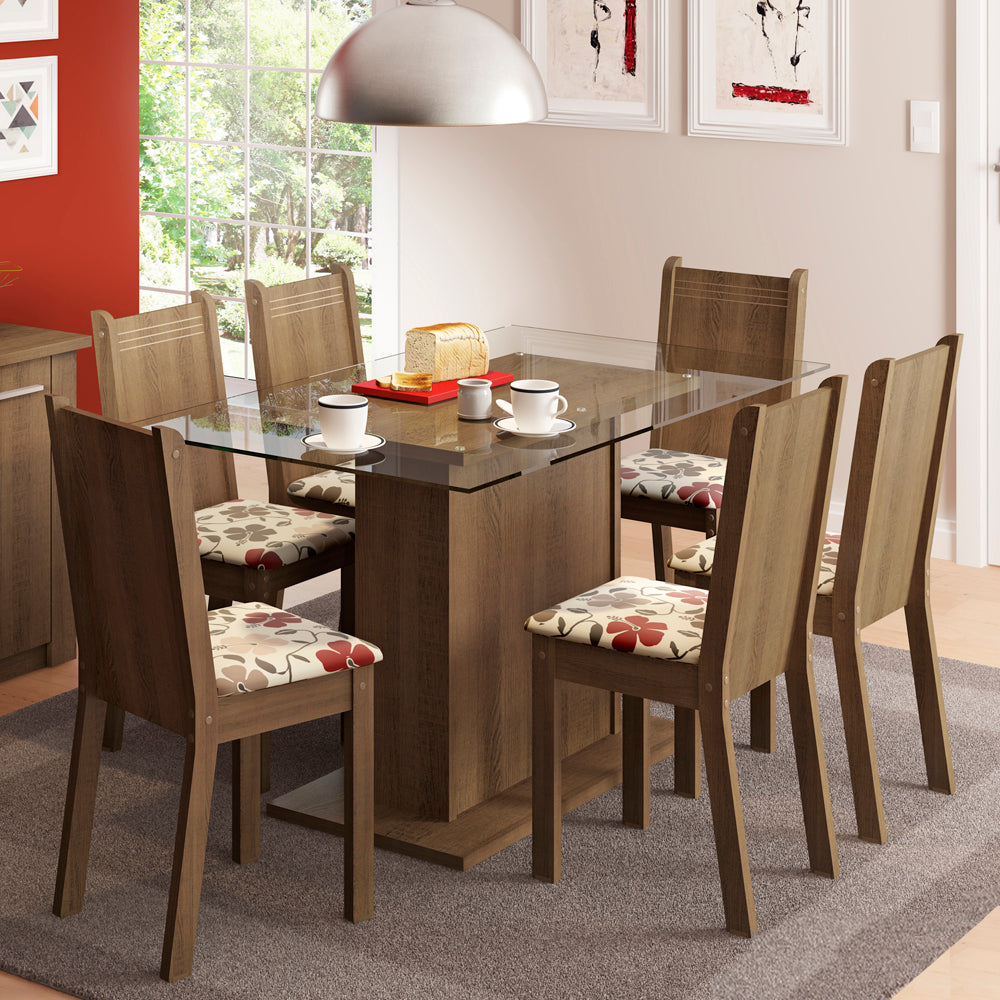Juego de Comedor Madesa Gales Mesa Tapa de Vidrio con 6 Sillas Marrón/Floral Hibiscos