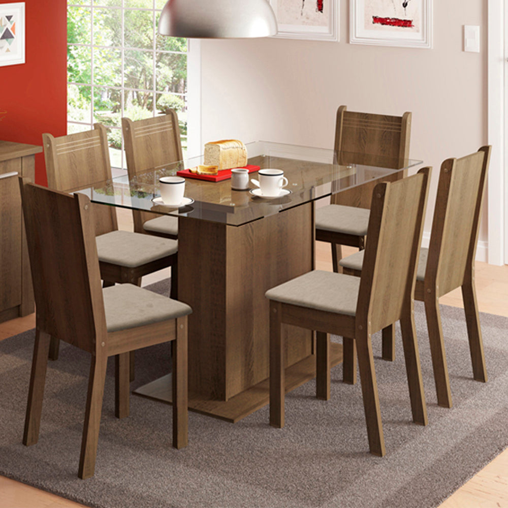 Juego de Comedor Madesa Gales Mesa Tapa de Vidrio con 6 Sillas Marrón/Sintético Beige