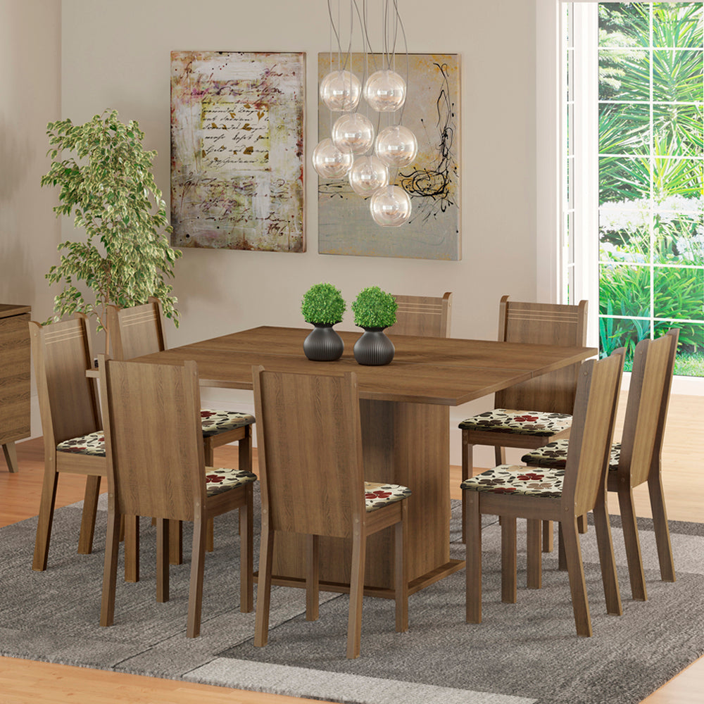 Juego de Comedor Madesa Clarice Mesa Tapa de Madera con 8 Sillas Marrón/Floral Hibiscos