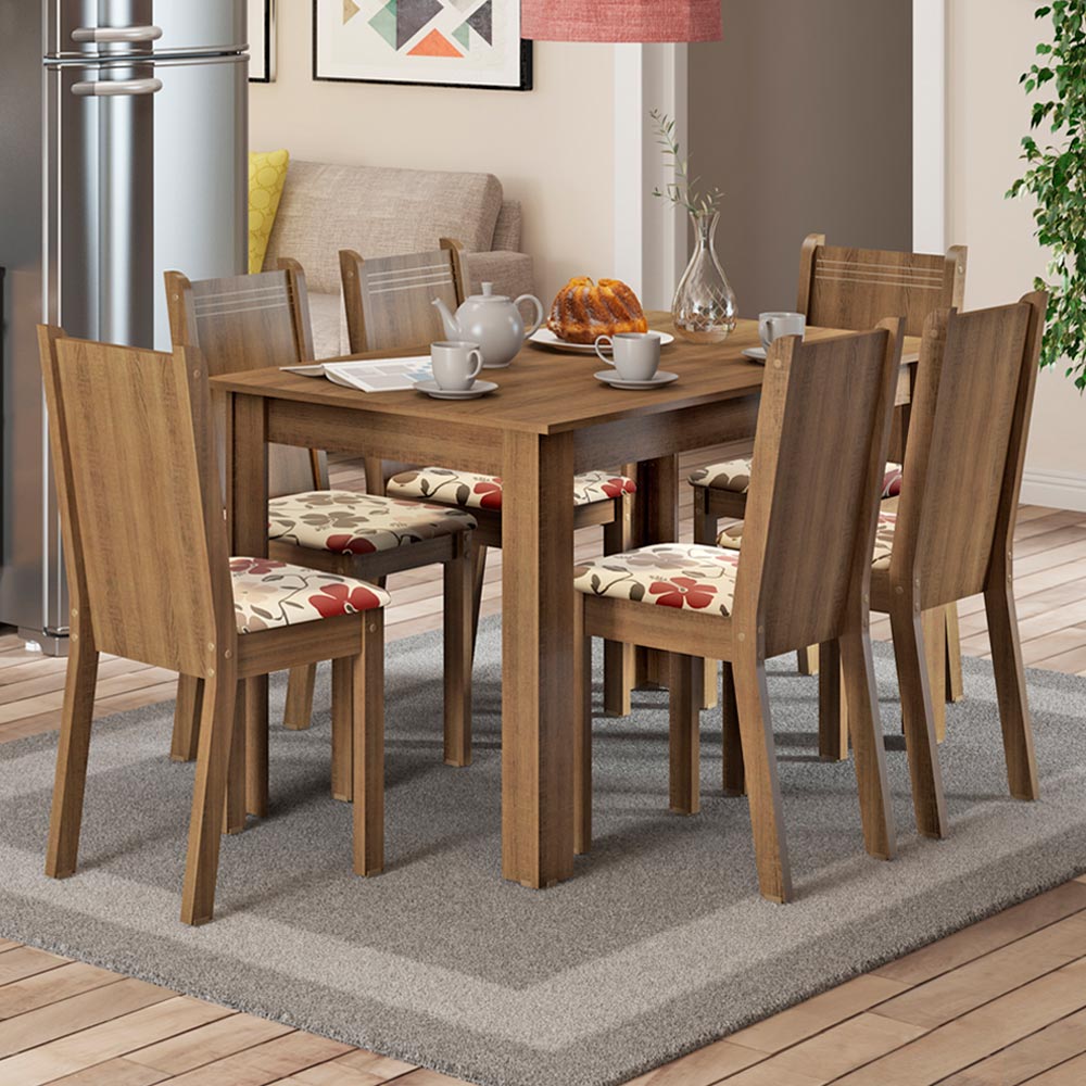 Juego de Comedor Madesa Maris Mesa Tapa de Madera con 6 Sillas Marrón/Floral Hibiscos