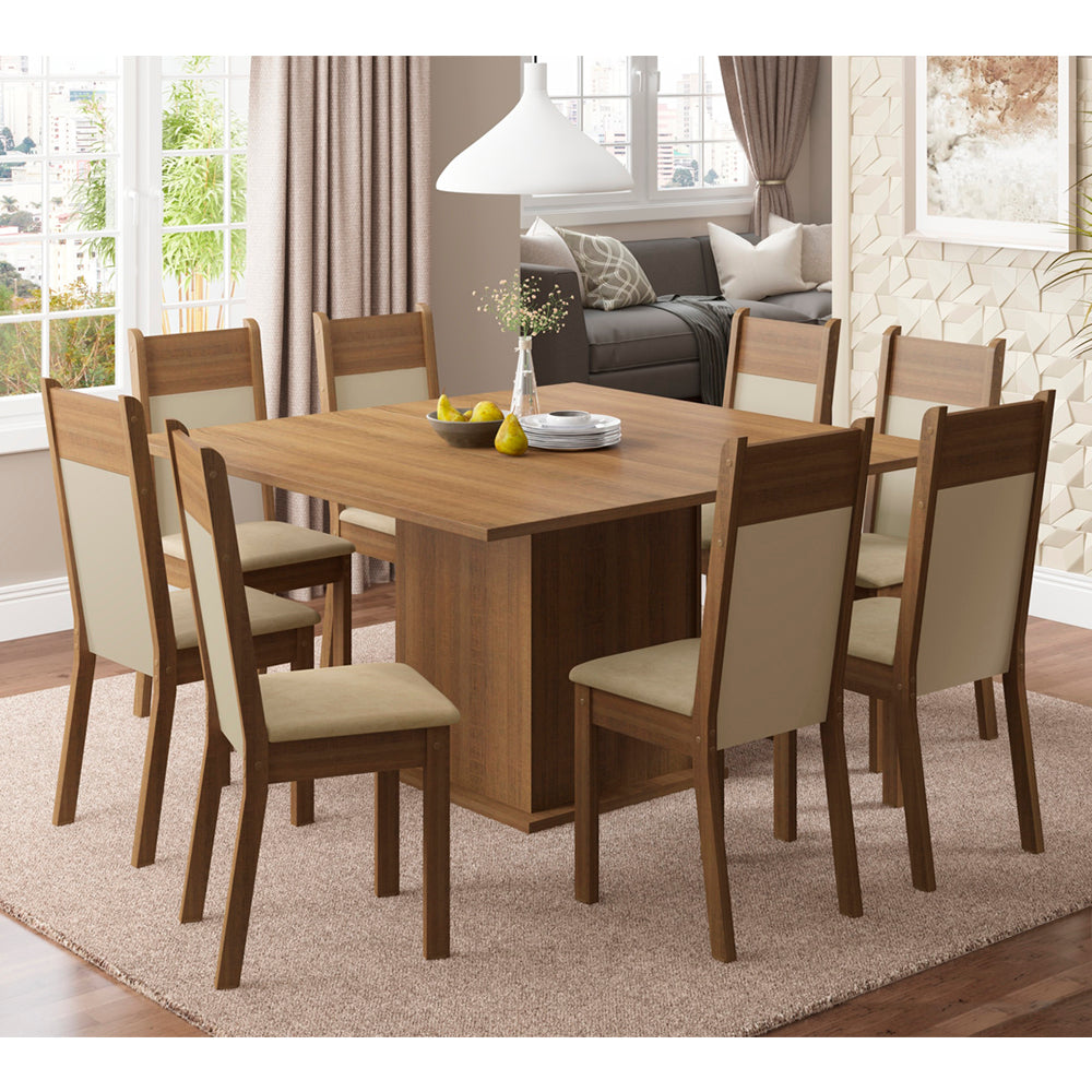 Juego de Comedor Mesada de Madera 8 Sillas Panamá Marrón/Crema/Sintético Beige
