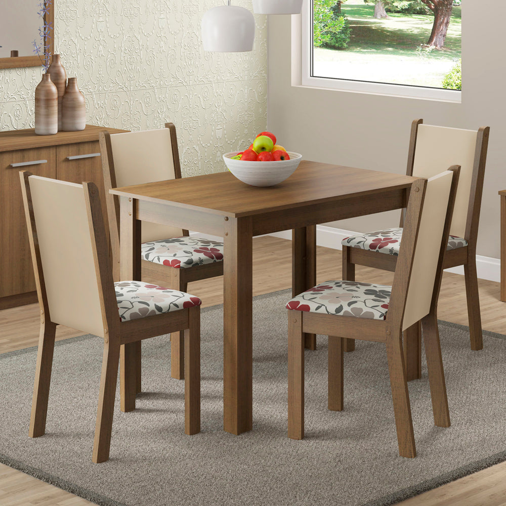Juego de Comedor Madesa Cíntia Mesa Tapa de Madera con 4 Sillas Marrón/Crema/Hibiscos