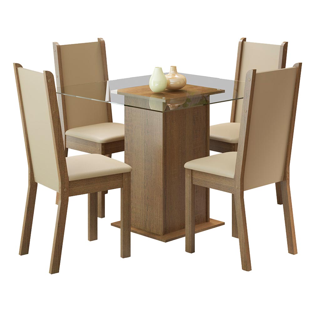 Juego de Comedor con Tapa de Vidrio 4 Sillas Marrón/Crema/Beige Aline