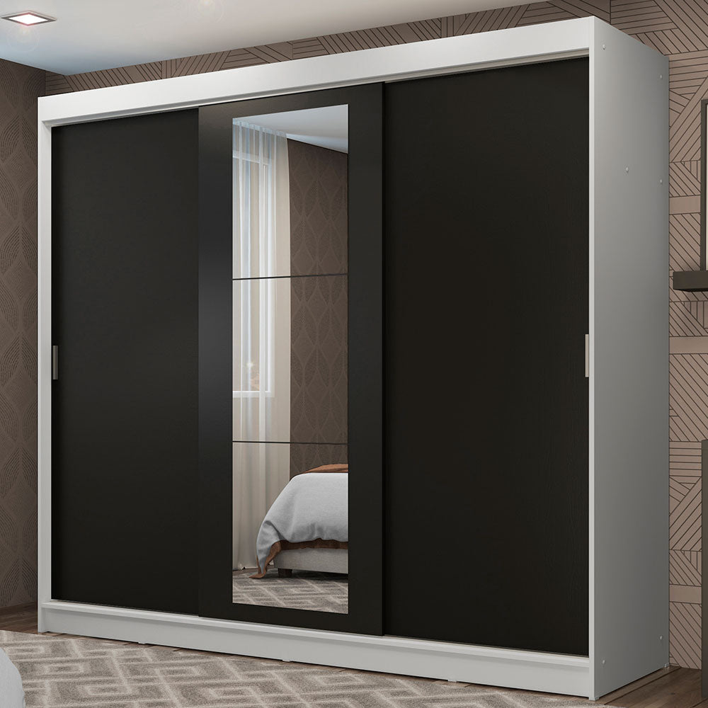 Placard Ropero Matrimonial Madesa Kansas 3 Puertas Corredizas con Espejo 3 Cajones Blanco/Negro