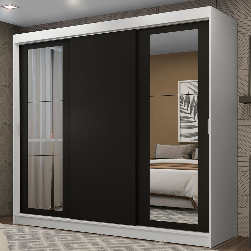 Placard Ropero Matrimonial Madesa Kansas 3 Puertas Corredizas con Espejos 3 Cajones Blanco/Negro