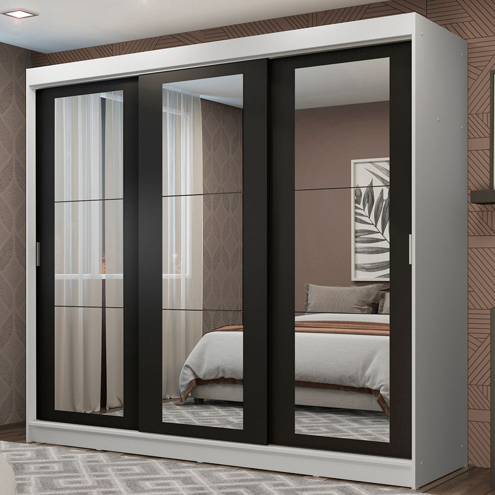 Placard Ropero Matrimonial Madesa Kansas 3 Puertas Corredizas de Espejo 3 Cajones Blanco/Negro