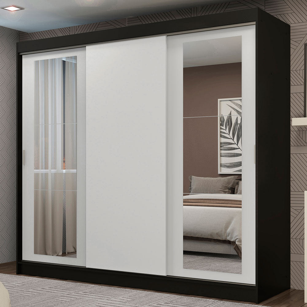 Placard Ropero Matrimonial Madesa Kansas 3 Puertas Corredizas con Espejos 3 Cajones Negro/Blanco