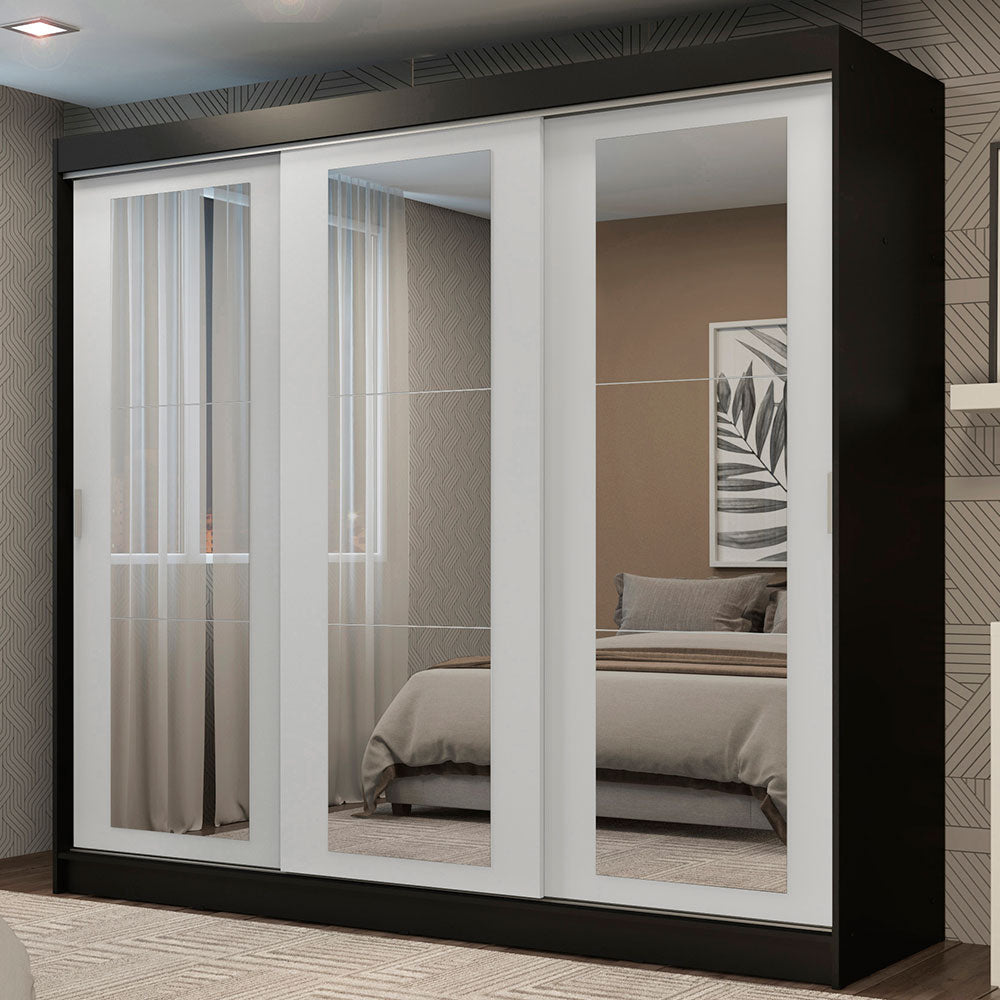 Placard Ropero Matrimonial Madesa Kansas 3 Puertas Corredizas de Espejo 3 Cajones Negro/Blanco