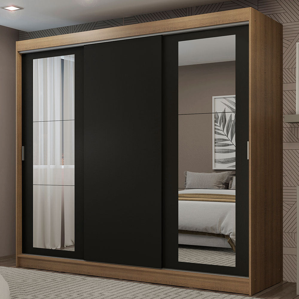 Placard Ropero Matrimonial Madesa Kansas 3 Puertas Corredizas con Espejos 3 Cajones Marrón/Negro