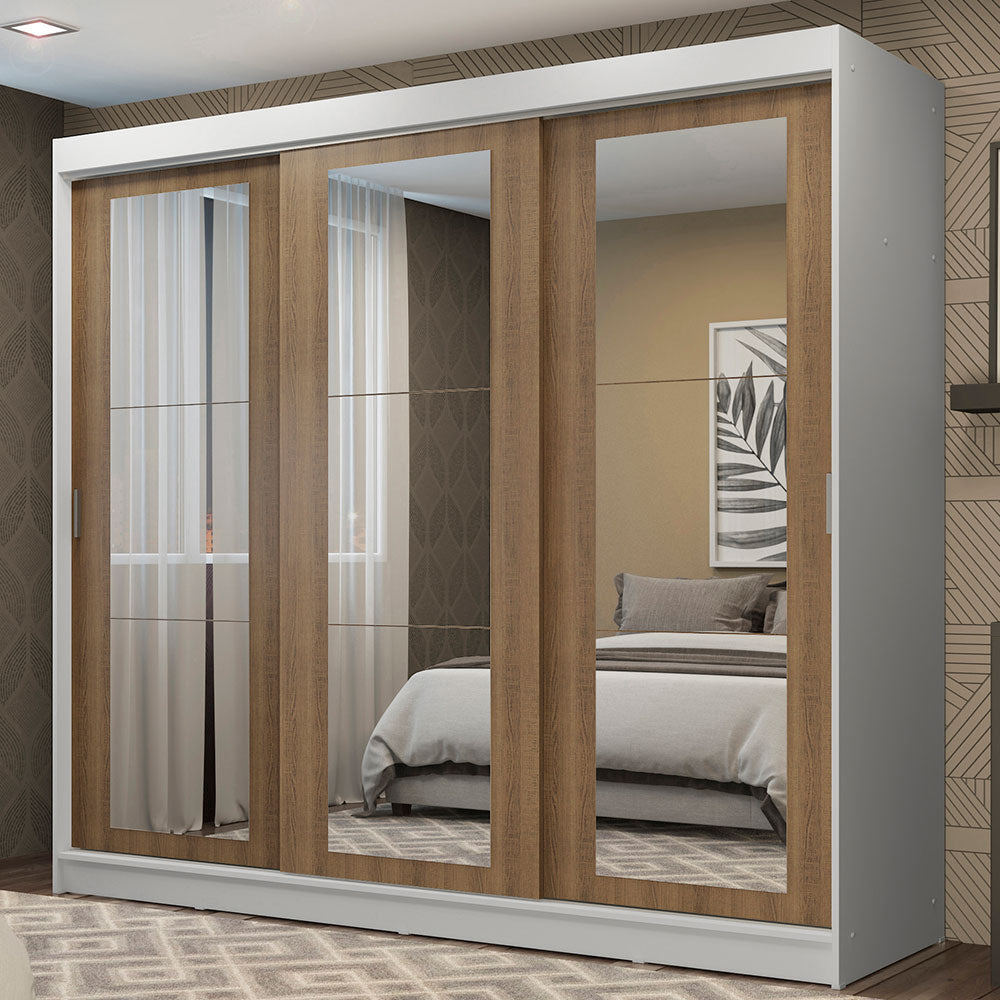 Placard Ropero Matrimonial Madesa Kansas 3 Puertas Corredizas de Espejo 3 Cajones Blanco/Marrón