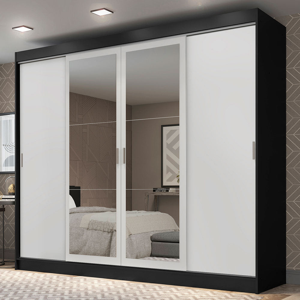 Placard Ropero Matrimonial Madesa Austin 4 Puertas Corredizas con Espejos 3 Cajones Negro/Blanco