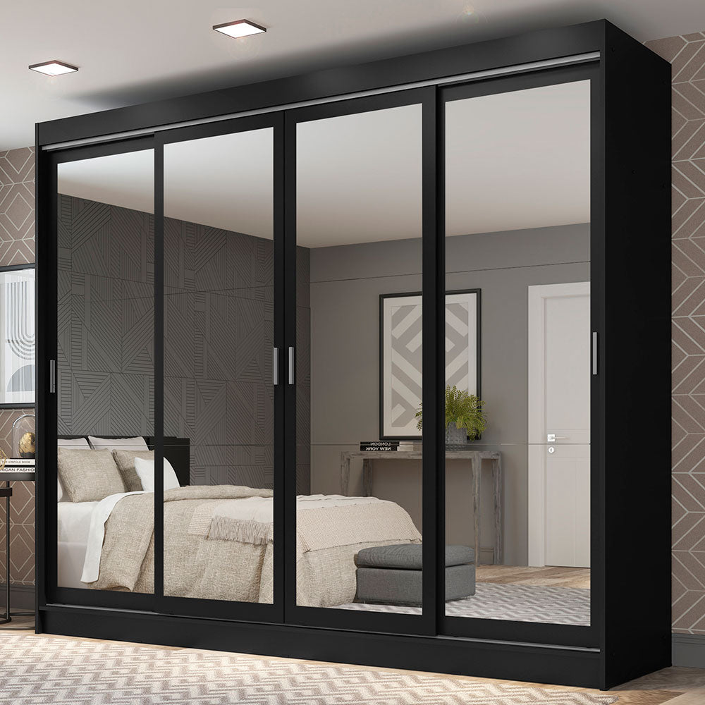 Placard Ropero Matrimonial Madesa Austin 4 Puertas Corredizas de Espejo 3 Cajones Negro
