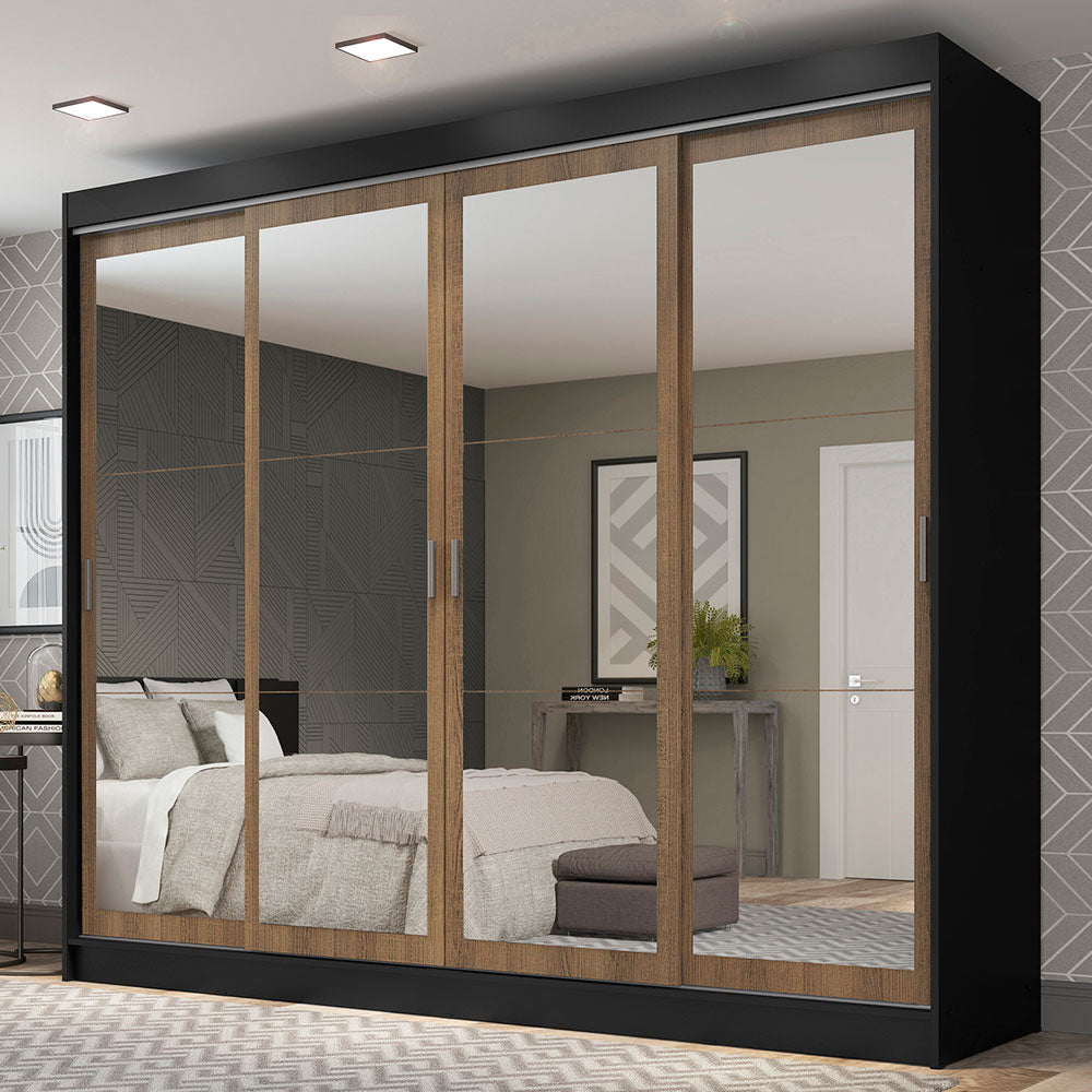 Placard Ropero Matrimonial Madesa Austin 4 Puertas Corredizas de Espejo 3 Cajones Negro/Marrón