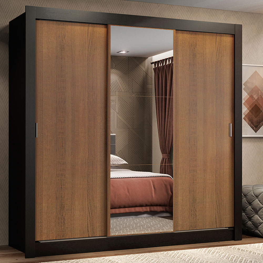 Placard Matrimonial Lyon 3 Puertas Corredizas con Espejo 2 Cajones Negro/Marrón