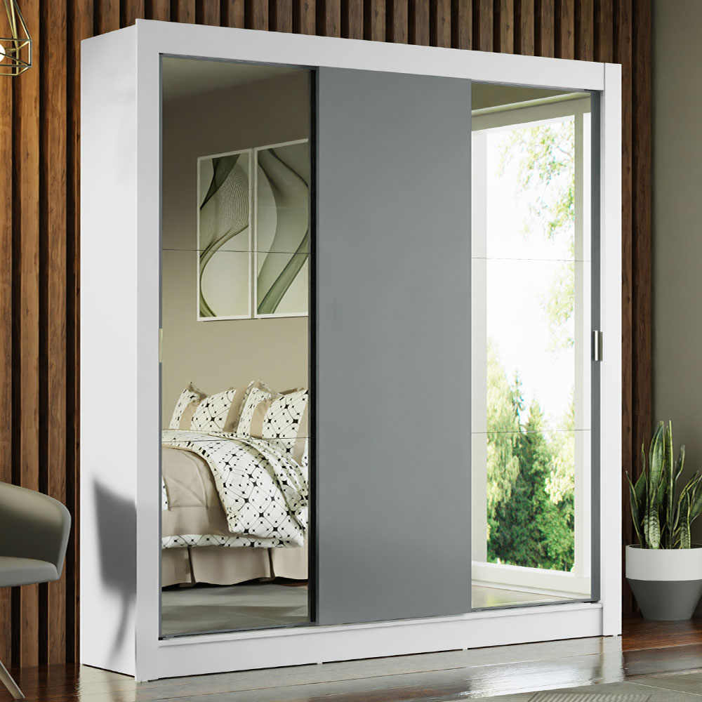 Placard Matrimonial 3 Puertas Corredizas con Espejo Blanco/Gris Monaco