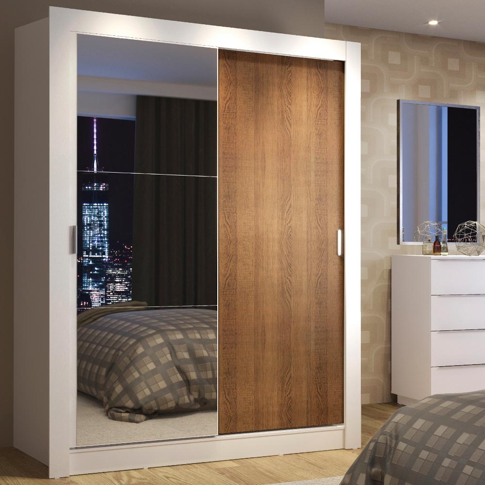 Placard Soltero 2 Puertas Corredizas con Espejo Blanco/Marrón Denver