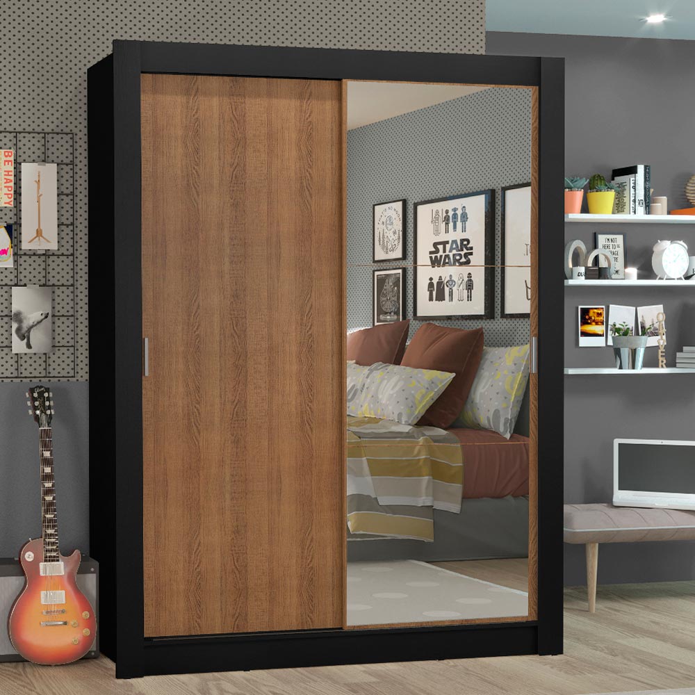 Placard Soltero 2 Puertas Corredizas con Espejo Negro/Marrón Denver