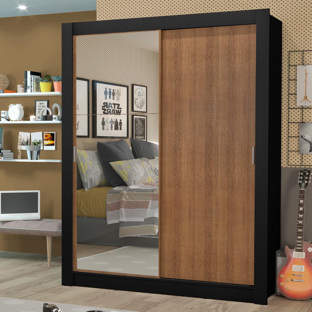 Placard Soltero 2 Puertas Corredizas con Espejo 4 Cajones Negro/Marrón Dallas Plus