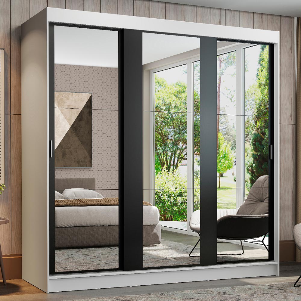 Placard Matrimonial Reno con 3 Puertas Corredizas de Espejo Blanco/Negro