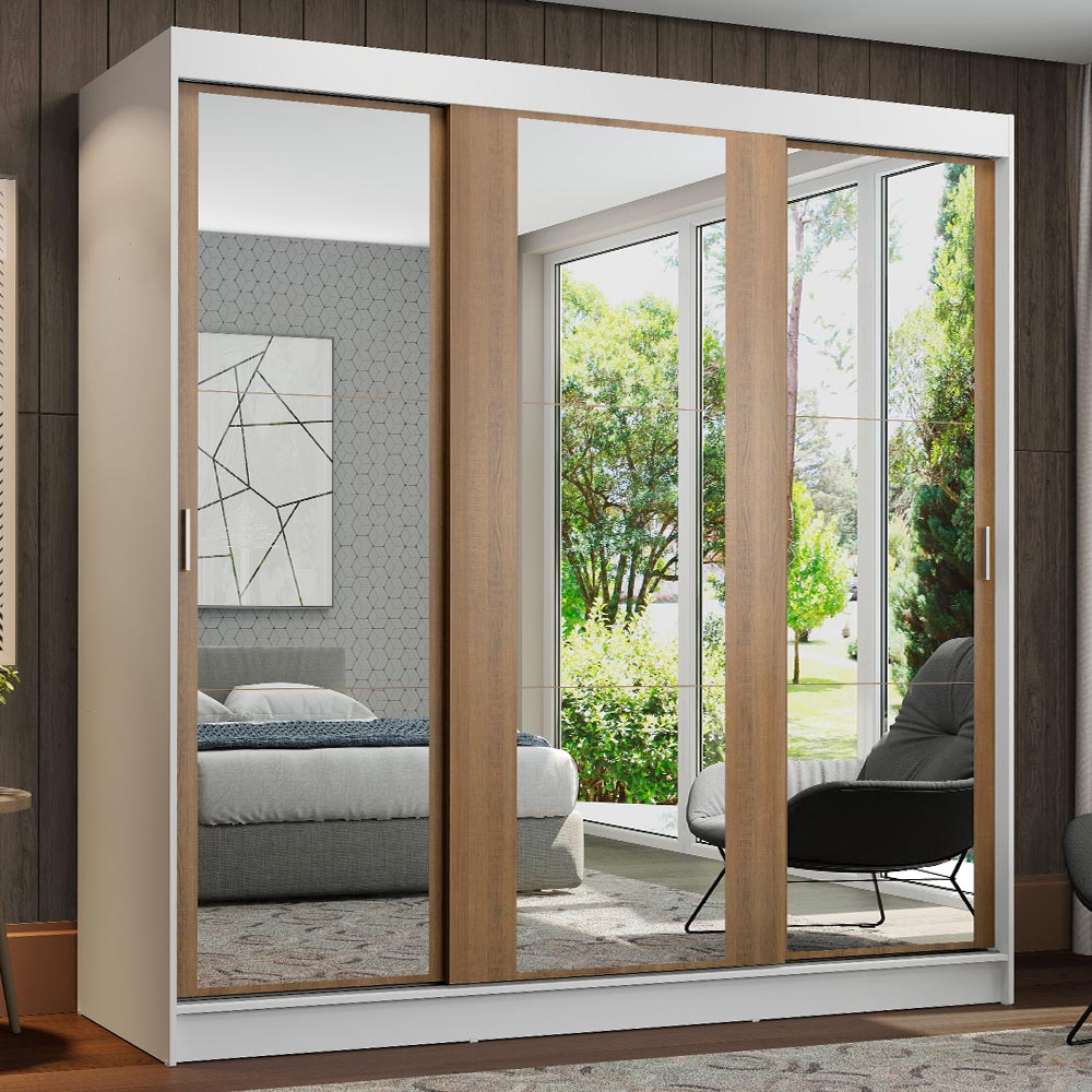 Placard Matrimonial Reno 3 Puertas Corredizas Con Espejo - Blanco/Marrón