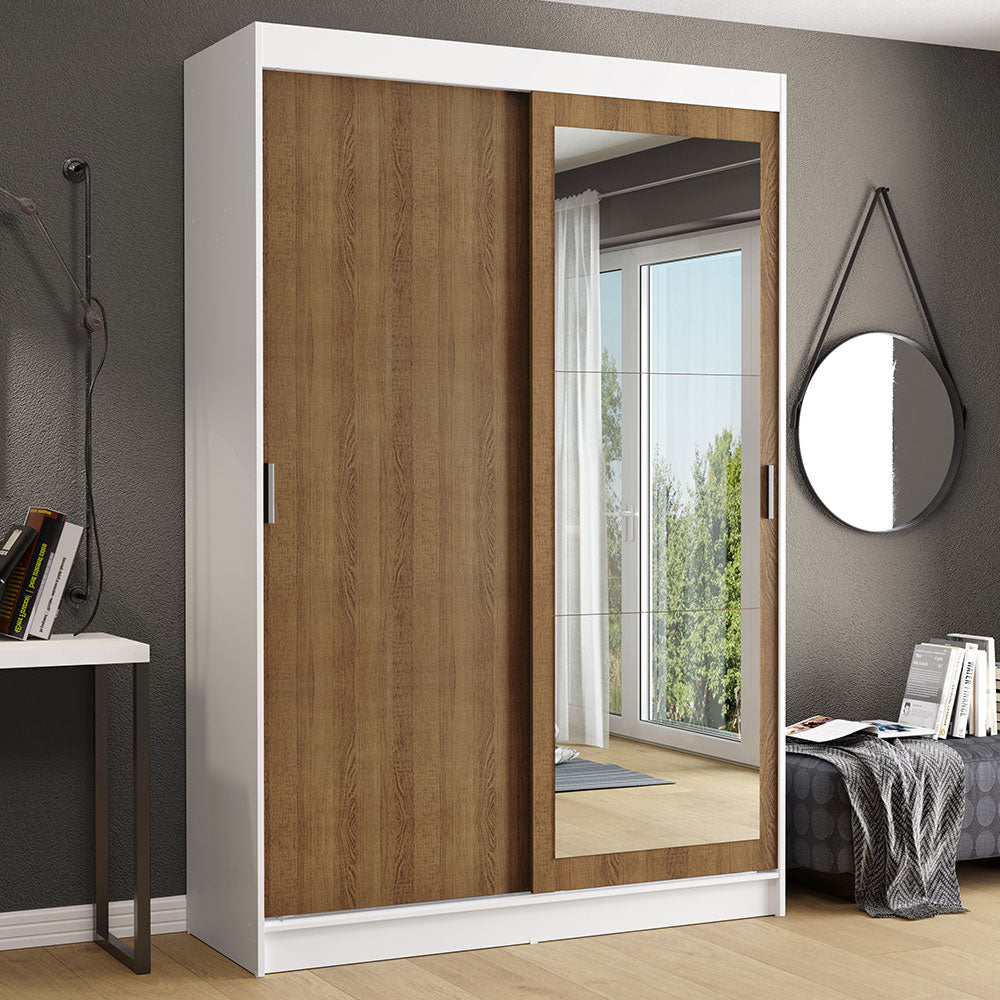 Placard Ropero Solteiro Madesa Tokio 2 Puertas Corredizas con Espejo 2 Cajones Blanco/Marrón