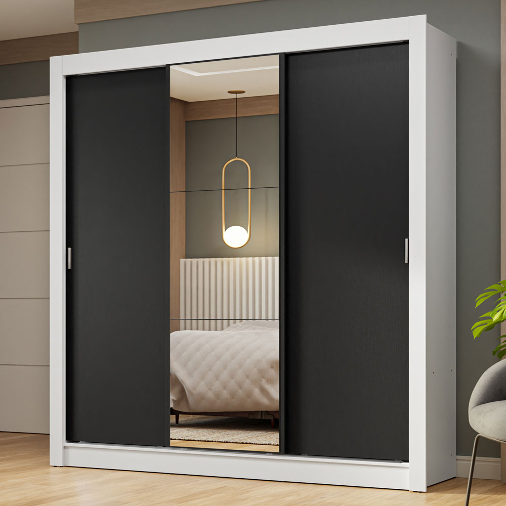 Placard Matrimonial 3 Puertas Corredizas con Espejo Blanco/Negro Nobre