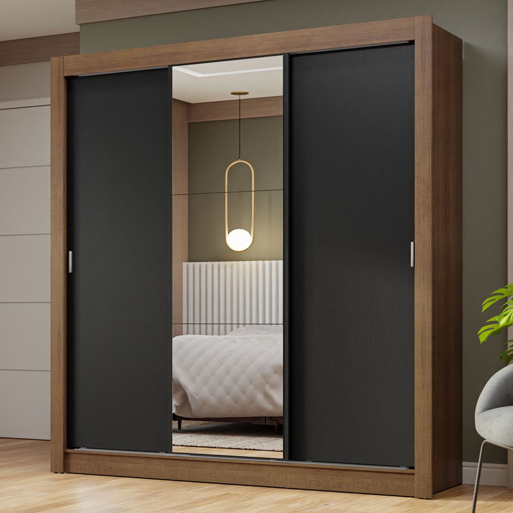 Placard Matrimonial 3 Puertas Corredizas con Espejo Marrón/Negro Nobre