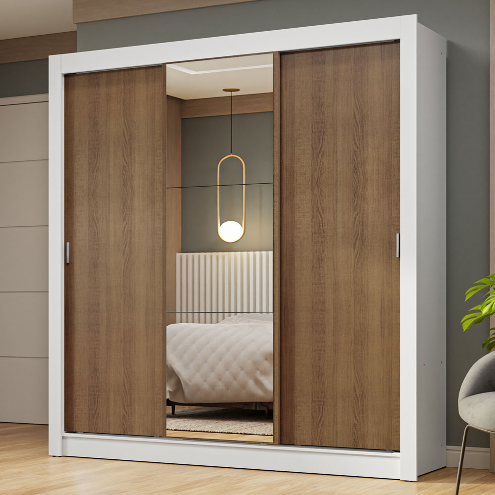 Placard Matrimonial 3 Puertas Corredizas con Espejo Blanco/Marrón Nobre