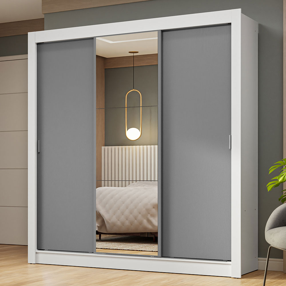 Placard Matrimonial 3 Puertas Corredizas con Espejo Blanco/Gris Nobre