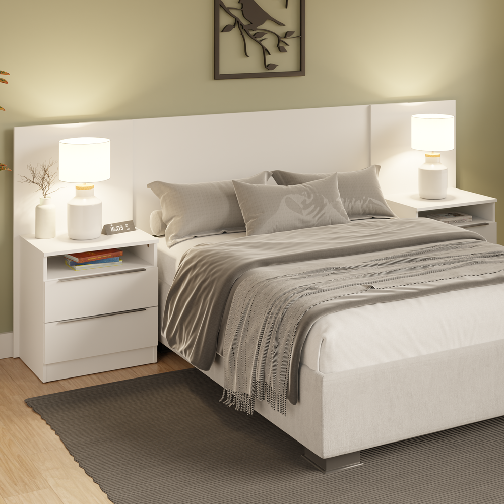 Respaldo de cama extensible Madesa con 2 Mesas de Luz Blanco