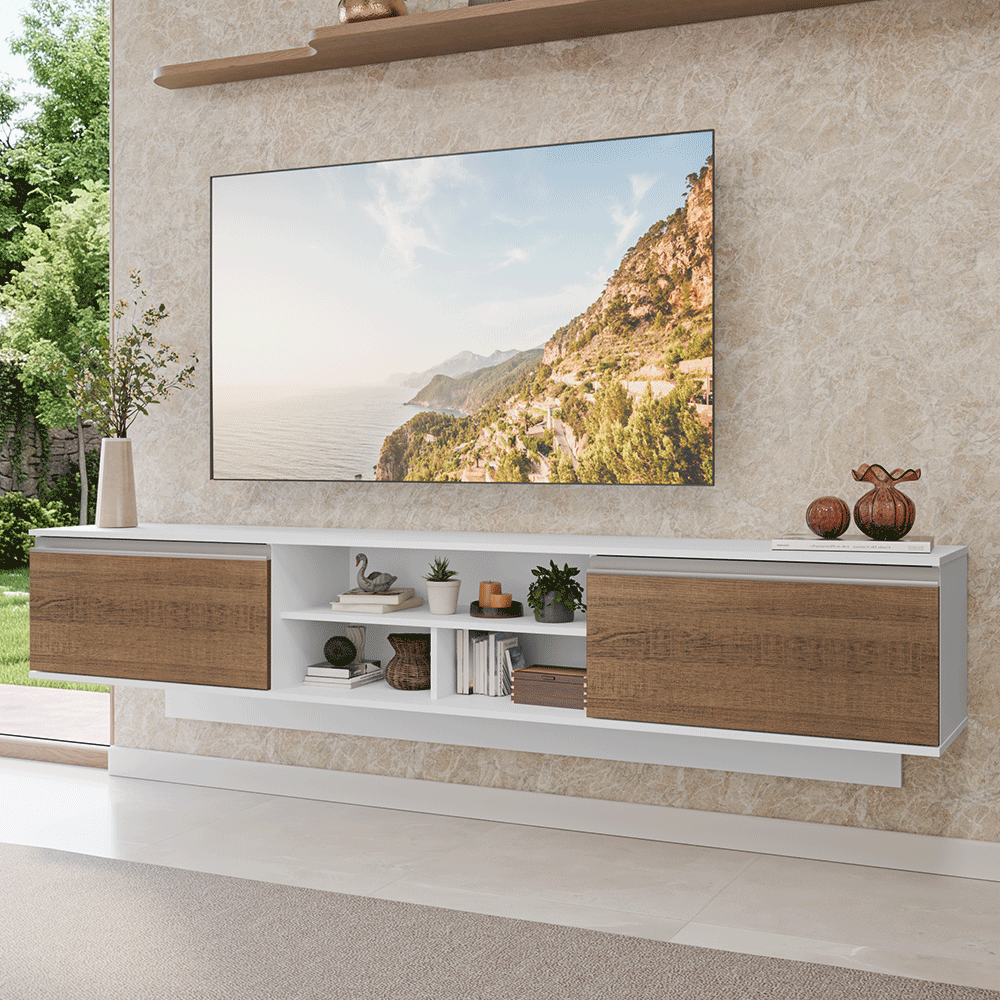 Rack Flotante para TV hasta 80 Pulgadas 218 cm 2 Puertas Blanco/Marrón Glamy Madesa