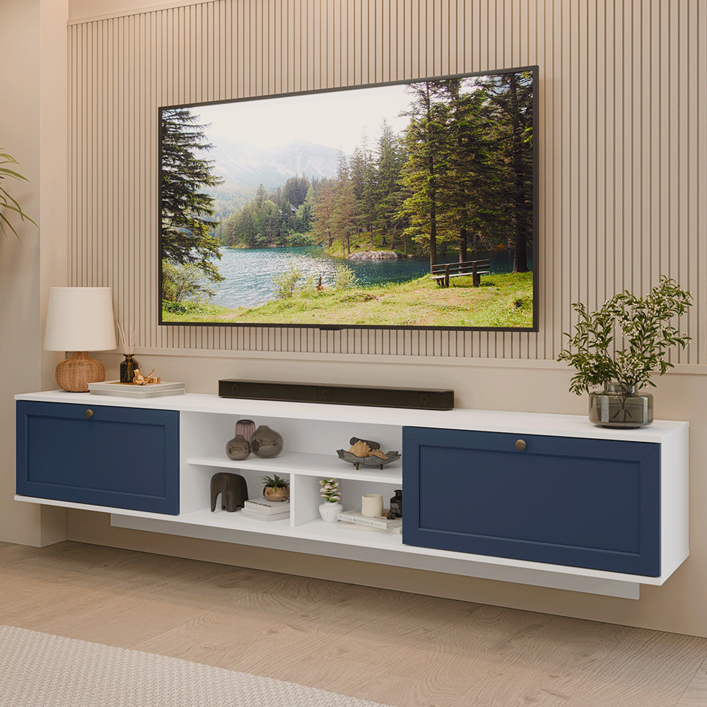 Rack Flotante para TV hasta 80 Pulgadas 218 cm 2 Puertas Blanco/Azul Vik Madesa