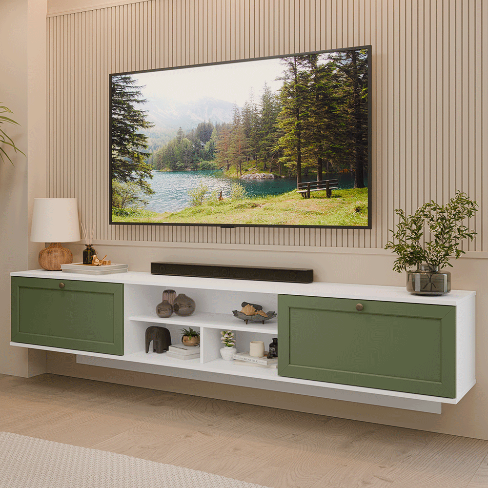 Rack Flotante para TV hasta 80 Pulgadas 218 cm 2 Puertas Blanco/Verde Vik Madesa