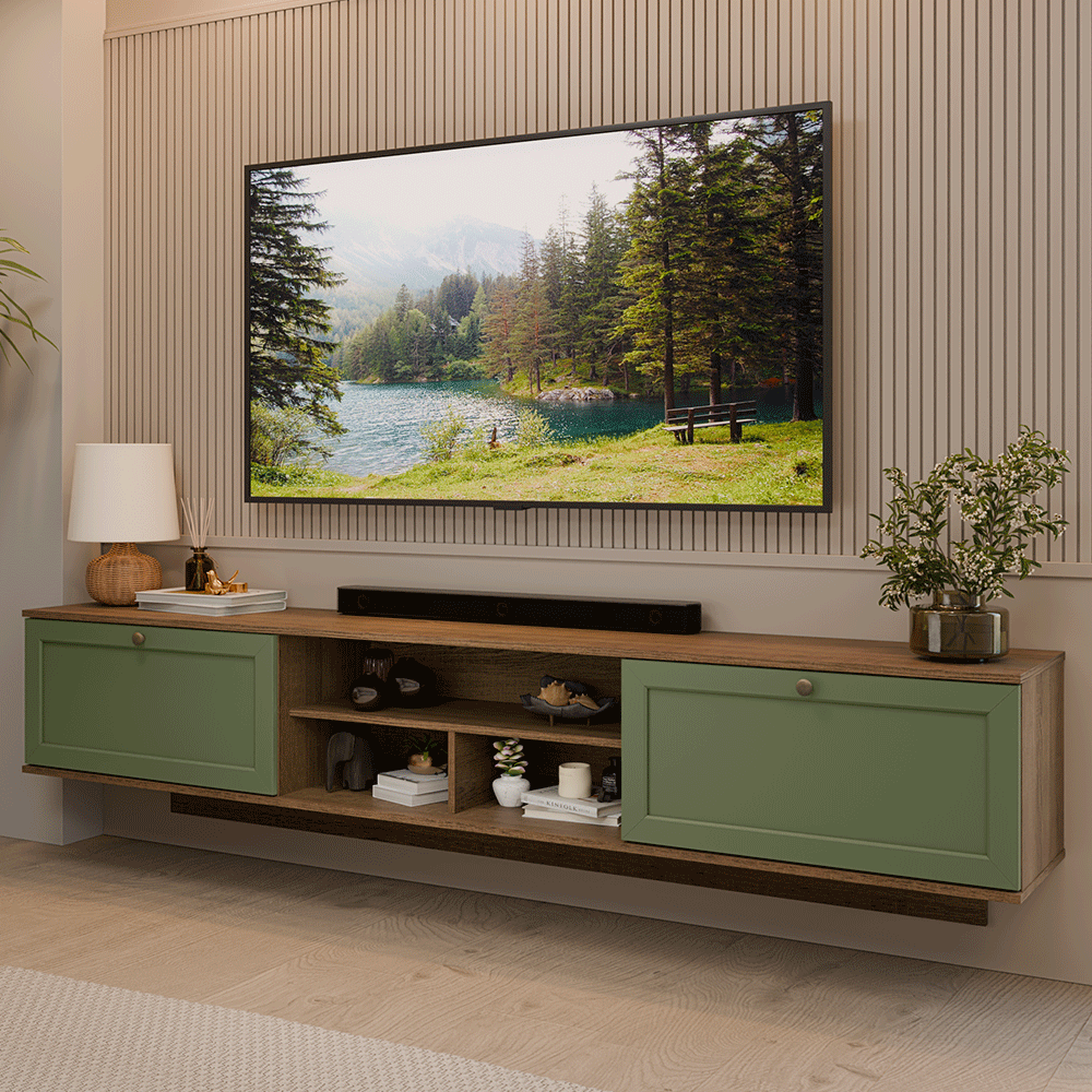 Rack Flotante para TV hasta 80 Pulgadas 218 cm 2 Puertas Marrón/Verde Vik Madesa