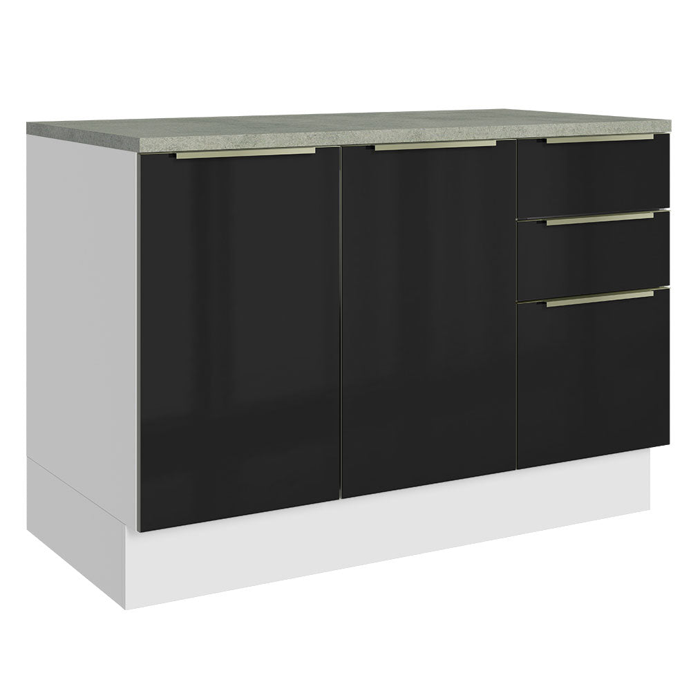 Bajo Mesada Cocina 120 cm x 60 cm, 2 Puertas 3 Cajones (Con Mesada) Lux Blanco/Negro