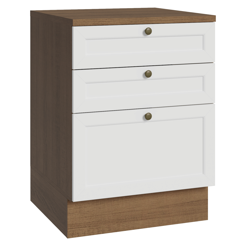 Bajo Mesada de Cocina 60 x 60 cm 3 Cajones (con Mesada) Marrón/Blanco Vik Madesa