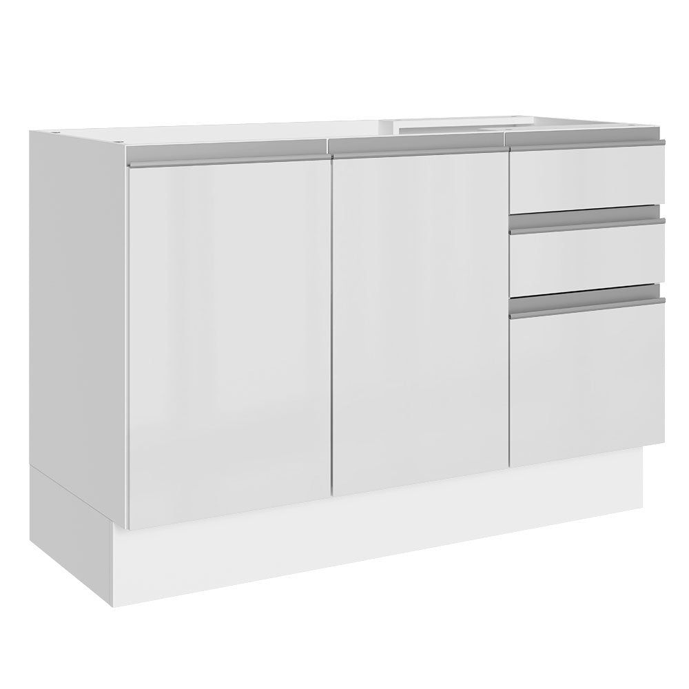 Bajo Mesada para Bacha 100% MDF 120 cm 3 Puertas e 2 Cajones Frentes Blanco Brillante Acordes Madesa