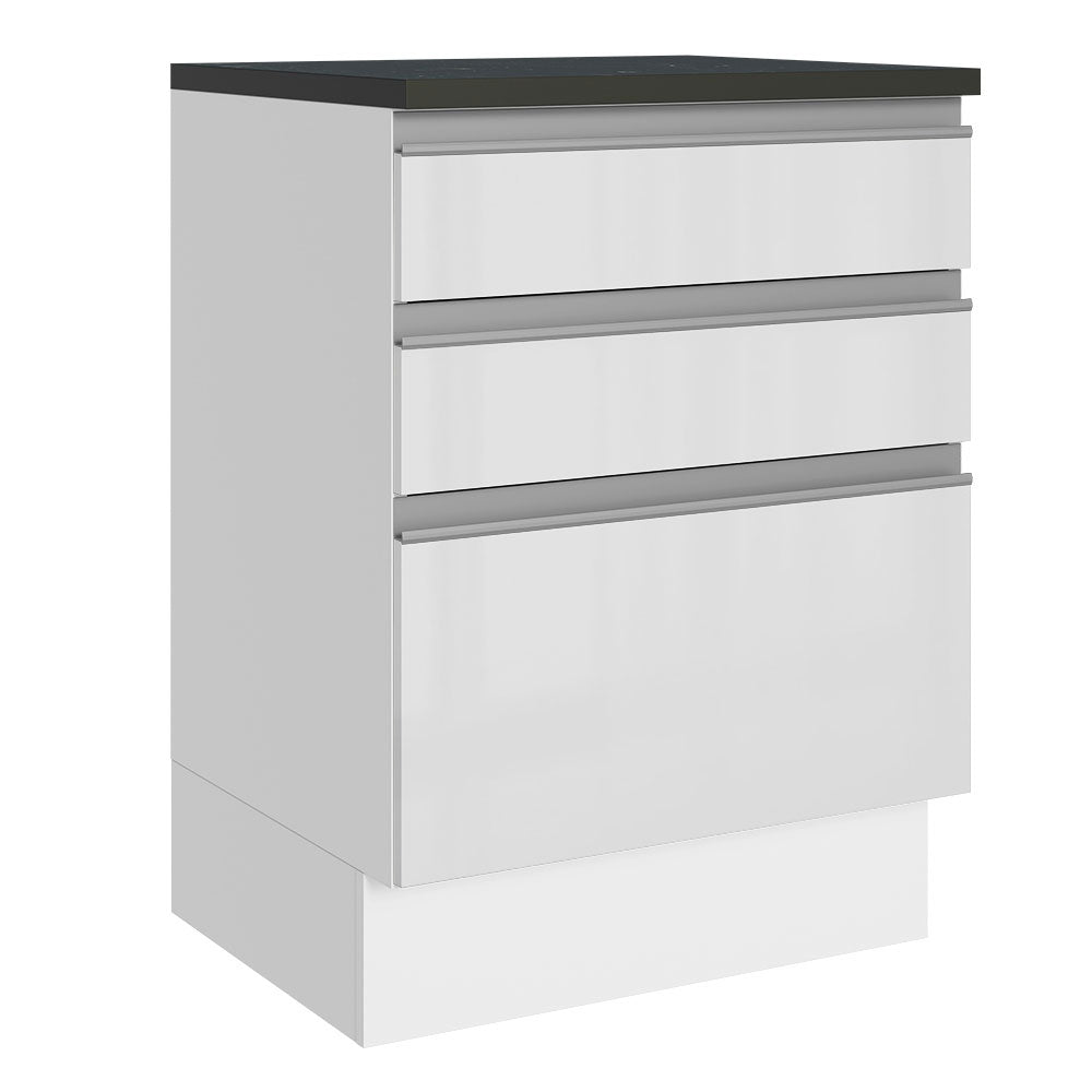 Bajo Mesada Cocina 100% MDF 60 cm 3 Cajones Frentes Blanco Brillante Acordes Madesa