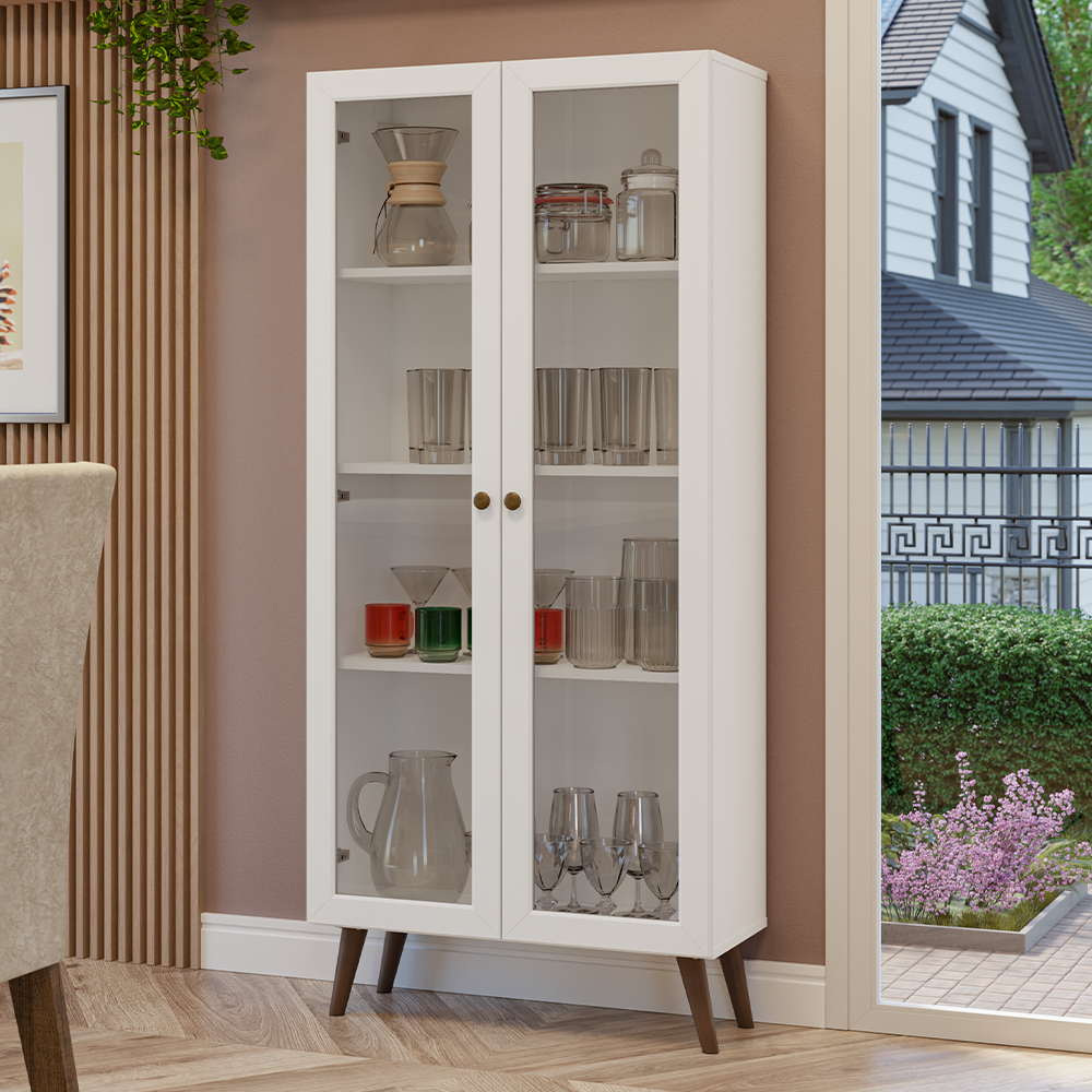 Cristalero 70 cm 2 Puertas de Vidrio con Patas Vik Blanco/Marrón