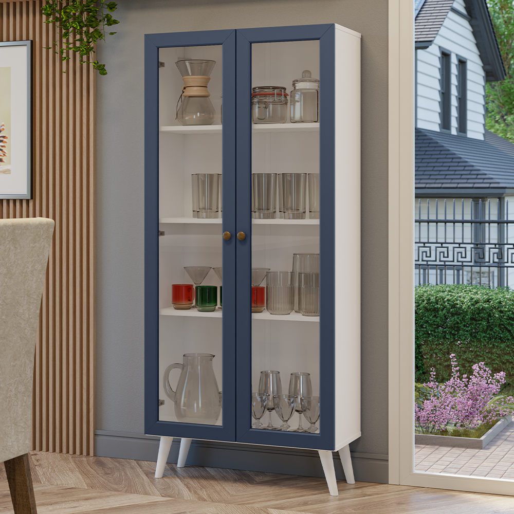Cristalero 70 cm 2 Puertas de Vidrio con Patas Vik Blanco/Azul/Blanco