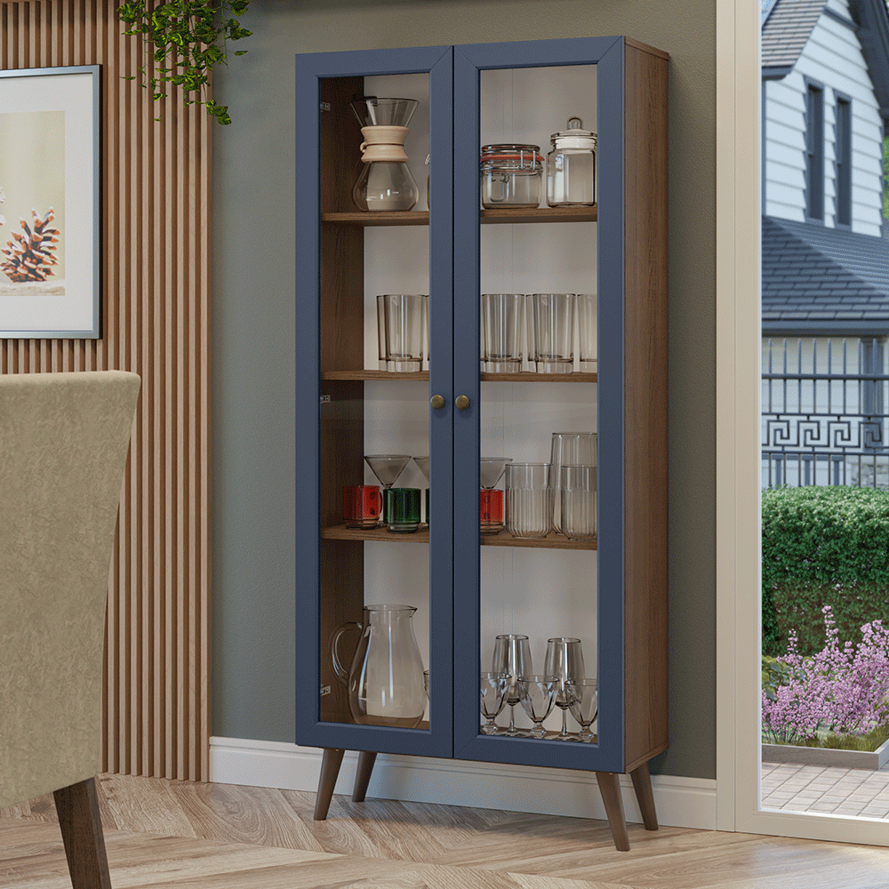 Cristalero 70 cm 2 Puertas de Vidrio con Patas Vik Marrón/Azul/Marrón