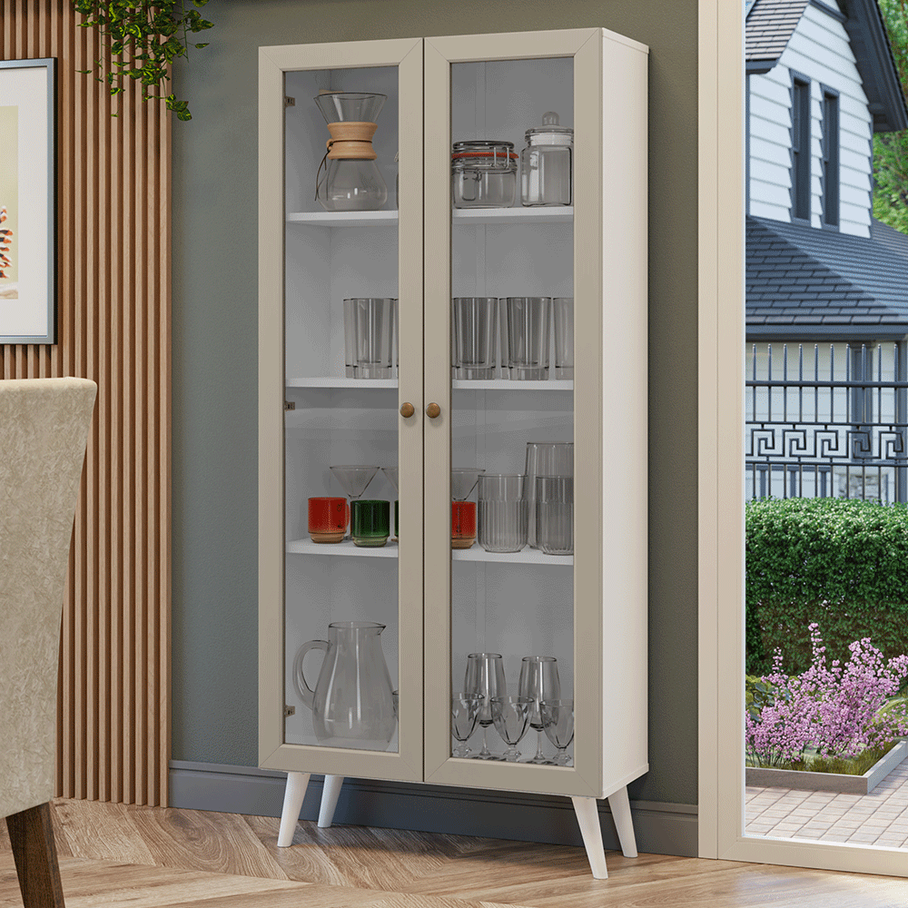 Cristarelo 70 cm 2 Puertas de Vidrio con Patas Cónicos Blanco/Crema/Blanco Vik Madesa
