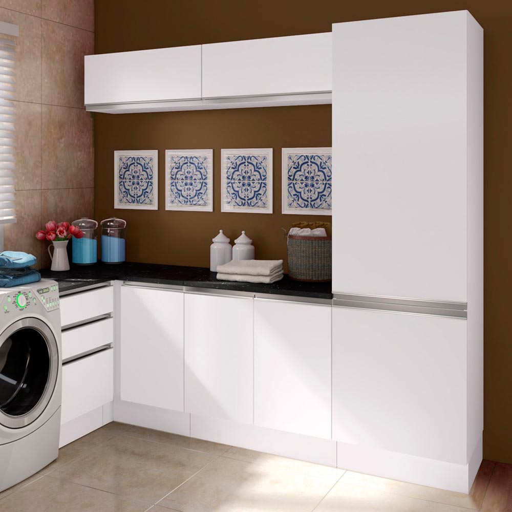 Kit Lavadero Madesa Acordes 100% MDF con Alacena, Cajonera y Bajo Mesada Esquinero Blanco Brillante
