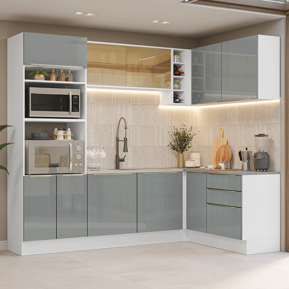 Combo completo de Cocina Esquinero 399 cm Blanco/Gris Lux Madesa 01