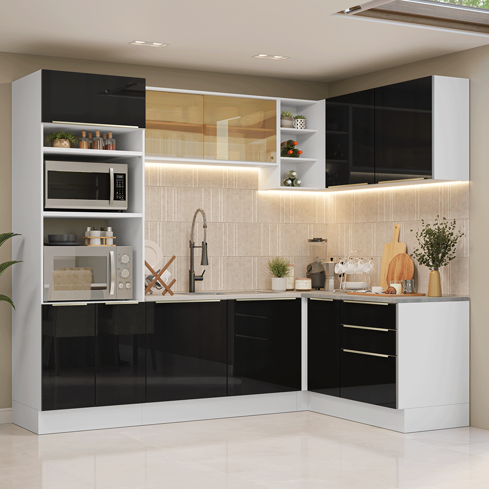 Combo completo de Cocina Esquinero 416 x 60 cm Blanco/Negro Lux Madesa 01