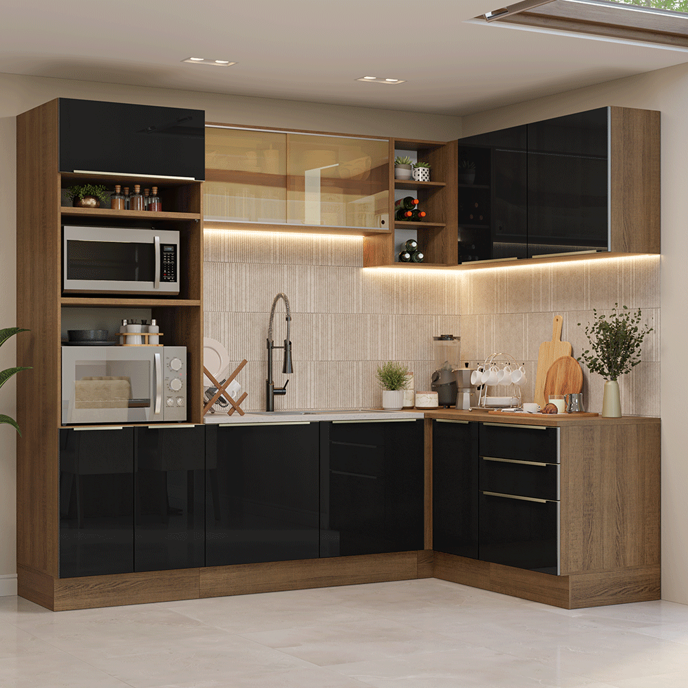 Combo completo de Cocina Esquinero 416 x 60 cm Marrón/Negro Lux Madesa 01