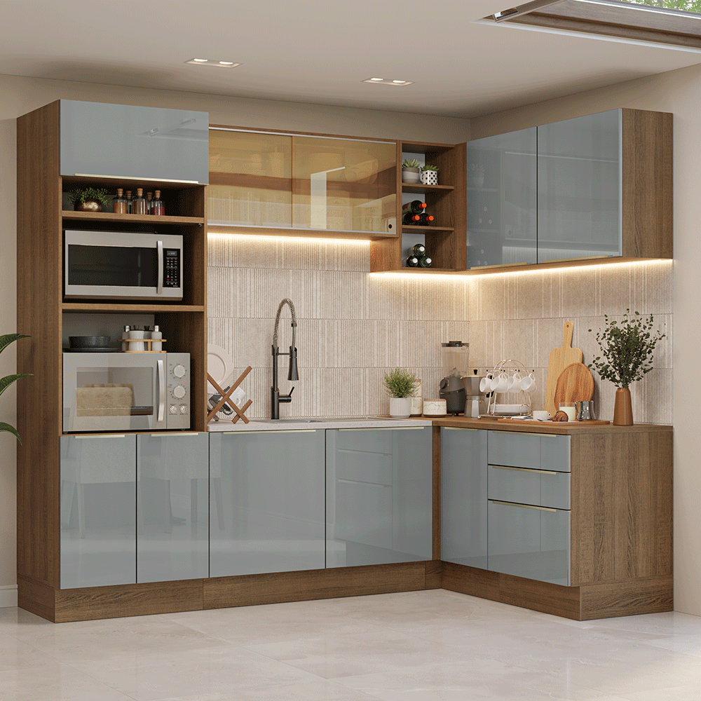 Combo completo de Cocina Esquinero 416 x 60 cm Marrón/Gris Lux Madesa 01