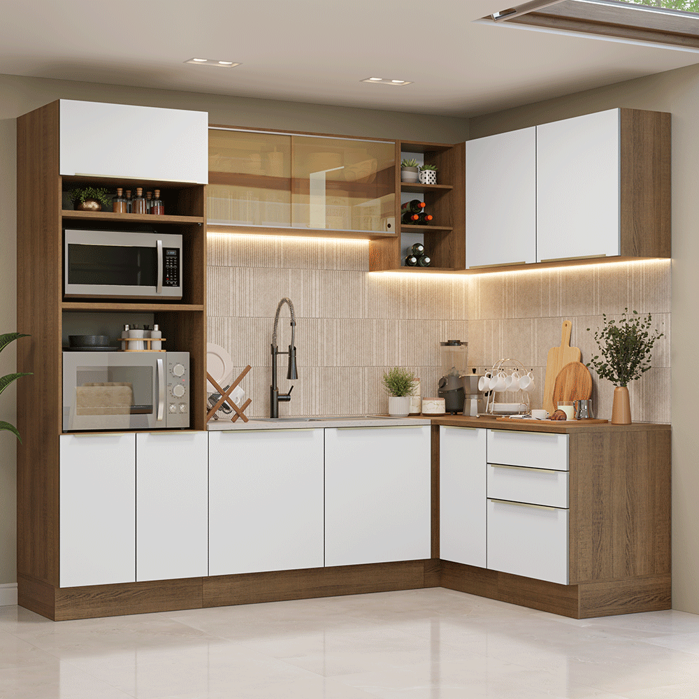 Combo completo de Cocina Esquinero 416 x 60 cm Marrón/Blanco Aterciopelado Lux Madesa 01